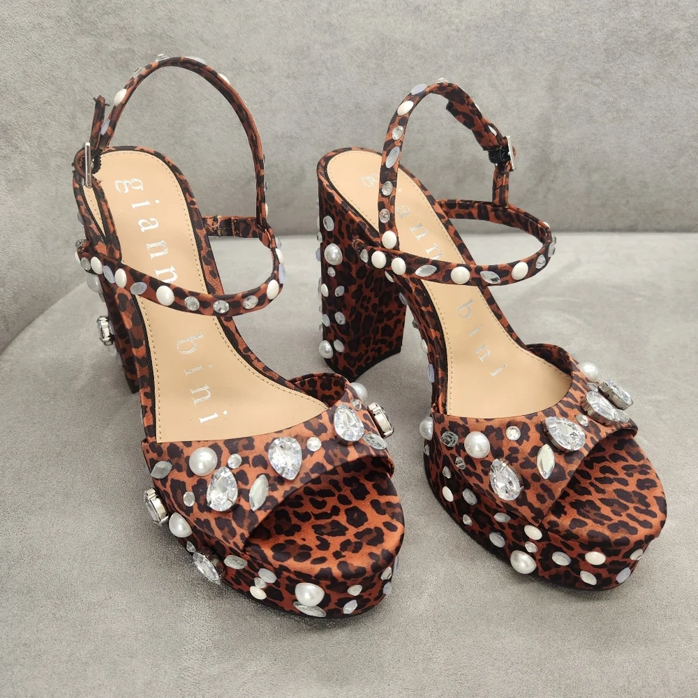Gianni Bini Platform Sandals 8 Brown Leopard Satin Calvan Two Jeweled New $150 - Picture 10 of 17